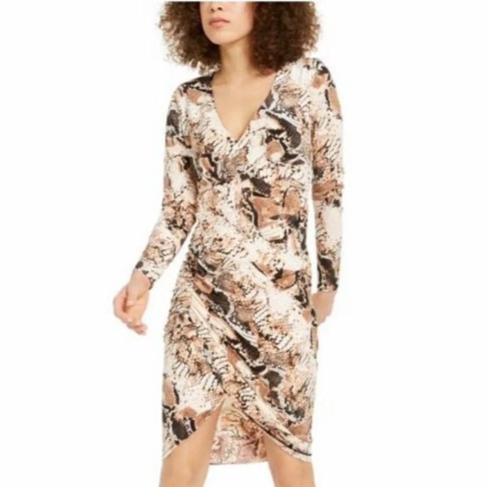 INC Beige Snakeskin Python Long Sleeve Dress Wrap V Neck Ruched Cocktail Large